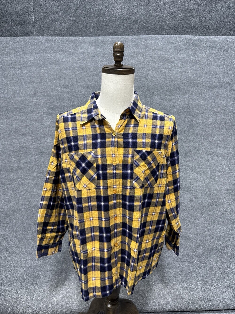 Tower Hill Plaid Flannel Button Front Shirt Womenâs B2 Yellow Blue Cotton